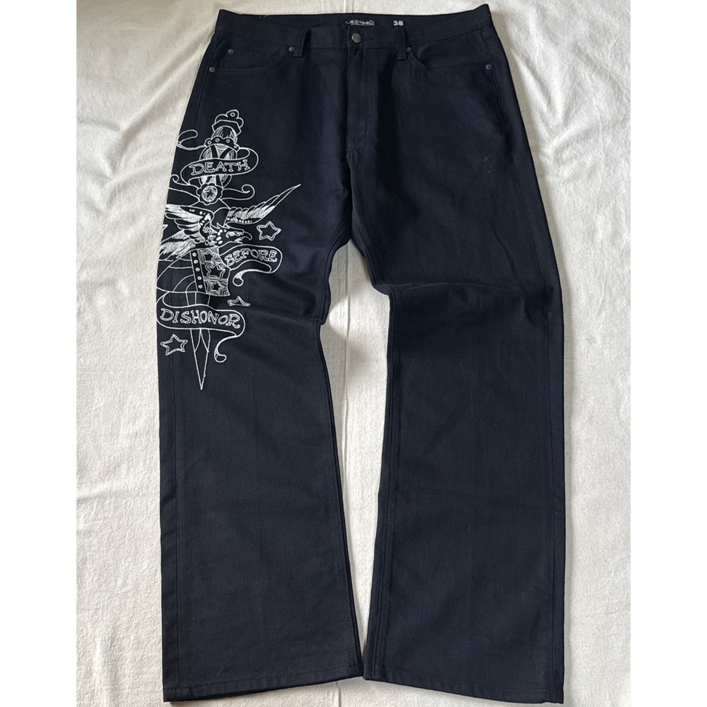 Ed Hardy Mens Black Denim Jeans Death Before Dishonor Embroidered 38x33 Straight